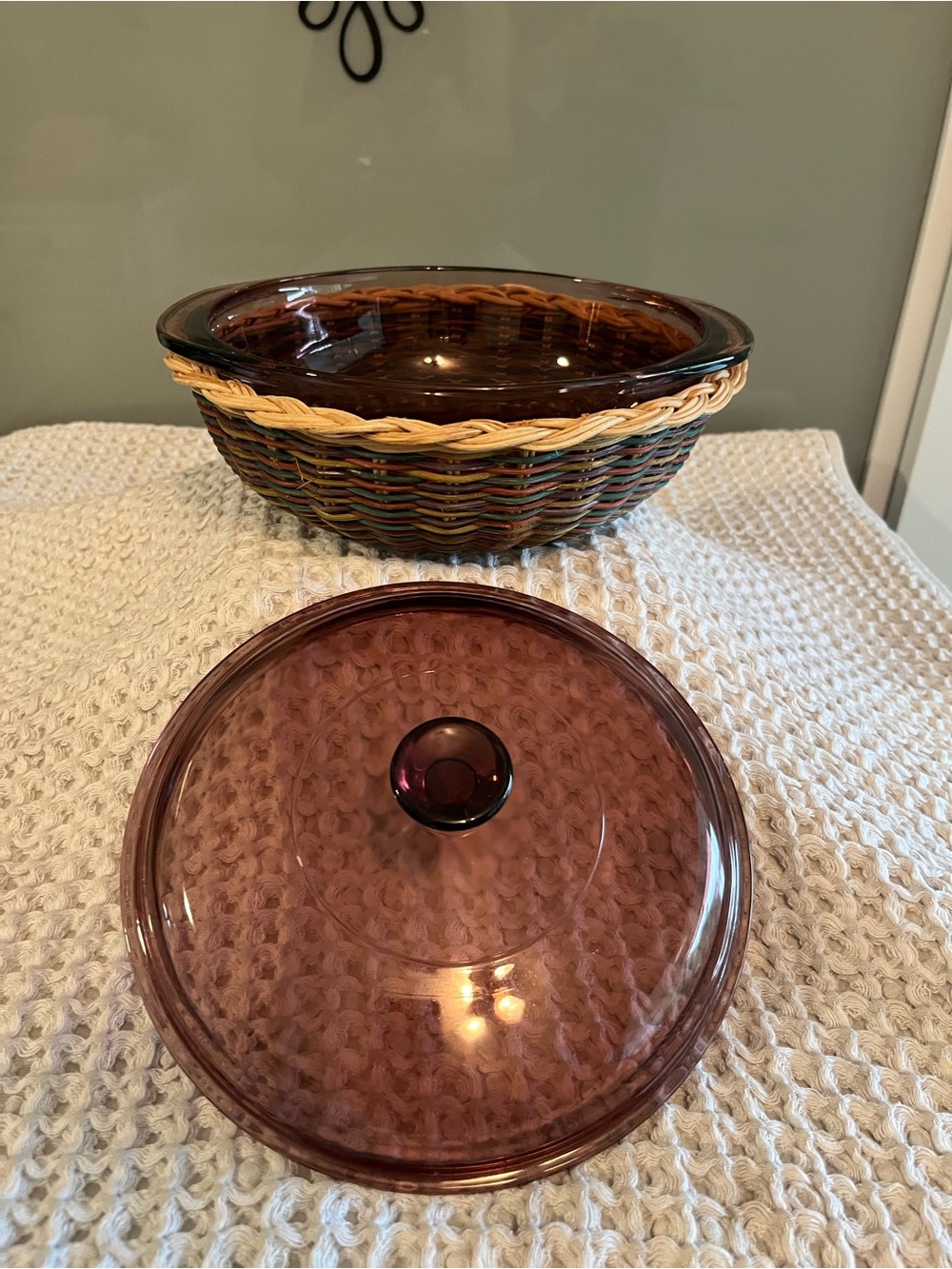 Vintage Pyrex Amber Glass Covered Casserole  with Woven Basket 409